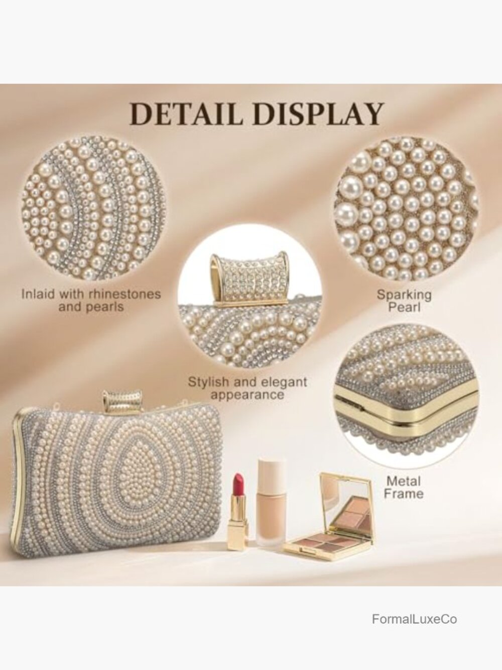Pearl Sequined Evening Clutch with Rhinestone Accent Detachable Shoulder Strap - Picture 4 of 7